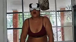 Chubby Latina with huge ass tries VR glasses as old perv licks her hairy pussy then facials her