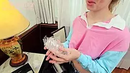 Neighbor girl next door babe tests handy stroker toy on her wet pussy while licking big cock to orgasm