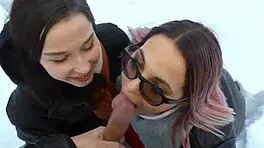 two hot amateurs deepthroat cock in snowy public