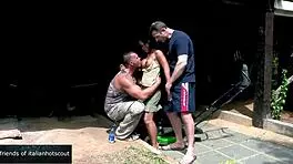 gorgeous oriental brunette takes bold double penetration pounding in lush garden