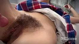 daddy's big dick risks pounding my hairy horny japanese pussy so wet and petite
