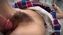 daddy's big dick risks pounding my hairy horny japanese pussy so wet and petite