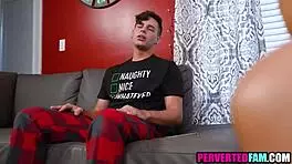 brunette teen sucks big tits during hardcore holiday blowjob frenzy