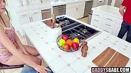 Brunette teen craves older guys in wild threesome action