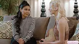 Blonde Lesbian Babe Licks Asian Milf Pussy