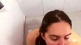 wow this latina cutie gives the sloppiest shower blowjob ever