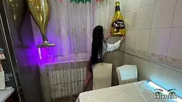 Redhead milf creampied hard in kitchen doggystyle