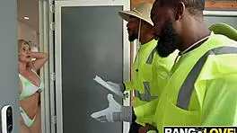 sunbathing babe seduces gardeners for outdoor threesome facial cumshot