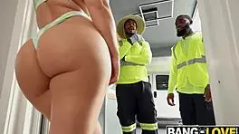 sunbathing babe seduces gardeners for outdoor threesome facial cumshot