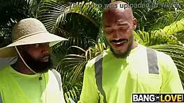 sunbathing babe seduces gardeners for outdoor threesome facial cumshot