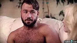 Nasty milf surprises hubby with shaved petite teen pussy for hardcore fun