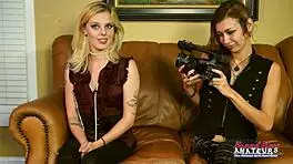 Brunette Meredith and Blonde Mya Lick Tits Sharing Juicy Cock