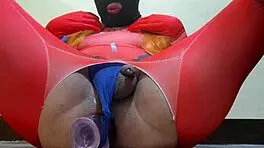 silly redhead sissy jerks cock with dildo deep in ass cosplay