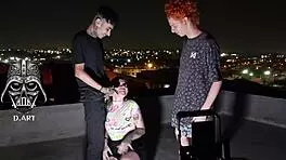 Young Nerdy Brazilian Girl Worships Two Monster Cocks on Roof