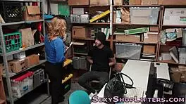 Busty blonde mall cop catches thief with tits out