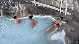 Latina licks sexy pussy in lingerie during mountain car bath fun