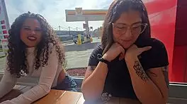 Latina licks sexy pussy in lingerie during mountain car bath fun