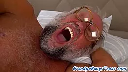 old man fills cockriding teen's mouth with hot jizz