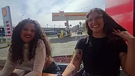 Latina licks sexy pussy in lingerie during mountain car bath fun