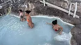 Latina licks sexy pussy in lingerie during mountain car bath fun