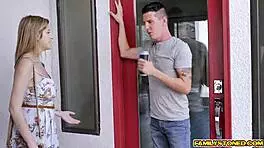 sarah bella slurps stepbro's huge cocks in kitchen before doggy pounding