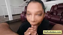 Busty ebony Eden West sucks fat white cock POV!