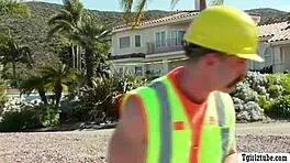 two horny shemales hire worker for bareback cock ride