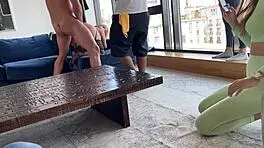 Hey check out our crazy public threesome with sloppy backstage blowjob