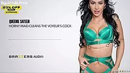 Horny maid queenie sateen worships voyeur's throbbing cock intimately