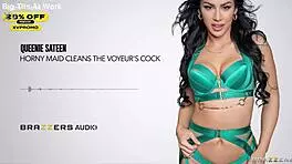 Horny maid queenie sateen worships voyeur's throbbing cock intimately