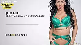 Horny maid queenie sateen worships voyeur's throbbing cock intimately