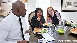 Ember Snow, ready for black stud's big cock lesson with Summer Hart?