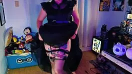 hotwife as merlina cosplay rides lover's cock squirting in kinky anal goth play