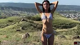 petite brunette takes mountain gangbang creampie from three guys