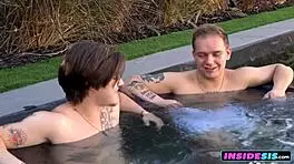 Horny stepsisters ride stepbro creampie at poolside