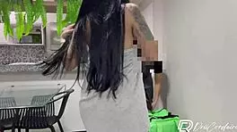 lucky delivery guy pounds brunette latina cums mouth explosion