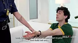 Curvy MILF spots young guy stroking and tempts him with her big tits