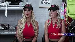 Two broke blondes caught shoplifting strip desperately for backroom mercy deal