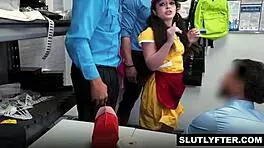 shoplifter pixie gets four huge cocks ravaging her tiny holes!