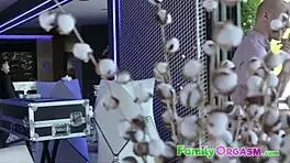 Voyeur watches brunette devour hairless guy's throbbing cock