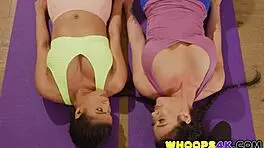 sexy fitness coach leads intense workout and stretching session