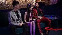 cute petite college teen gets clothes ripped in wild mmf 3some at strip club