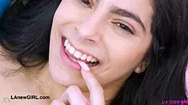 elegant latina milf model strips sexy on sofa showing petite curves pov