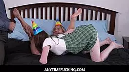 hot teen babe joins threesome pounding with older guy on birthday