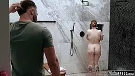 damn boss makes me kneel in shower for deepthroat on his huge cock after hospitality