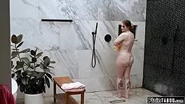 damn boss makes me kneel in shower for deepthroat on his huge cock after hospitality