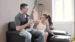 Skinny Brunette Fucked Hard by Old Man Cumshot Finish