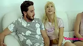 bored petite skinny duo teases to explosive group cumshot