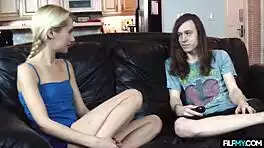 Curious young blonde teen eyes throbbing cock closely