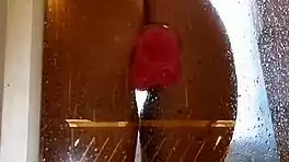 Appetizing ass girl spreads wide for pink toy fun in steamy shower.